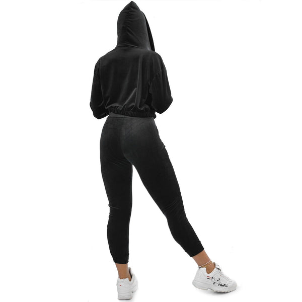 Tuta 2 pezzi donna velluto ciniglia velluto giacca zip cappuccio morbido nera