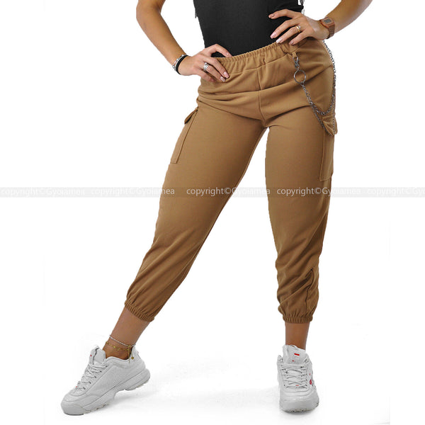 Pantalone cargo donna elasticizzato tasconi catena sportivo morbido giornaliero