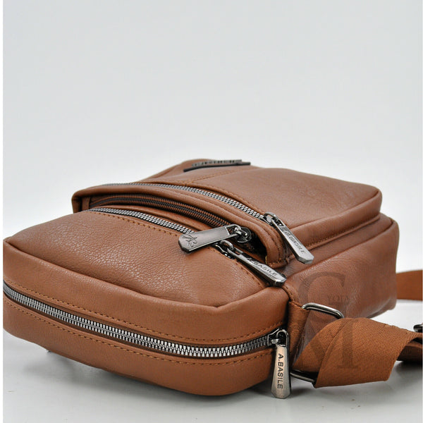 A. Basile ITALIA borsello 5 tasche zip comodo grande uomo pelle tracolla marrone