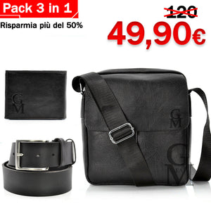 Pack 3in1 Borsello uomo pack GM + portafoglio + cintura in vera pelle italy