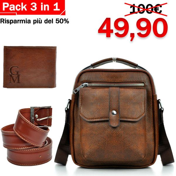 Pack 3in1 Borsello uomo pack GM + portafoglio + cintura in vera pelle italy