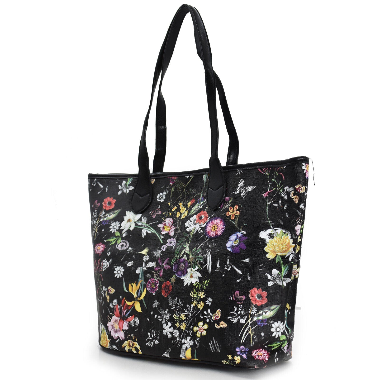 Borsa GM donna shopping fantasia fiori casual grande spalla fiorata nera nuova