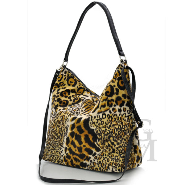 Borsa GRANDE hobo sacco pelo pelliccia moda casual fantasia leopardata maculata