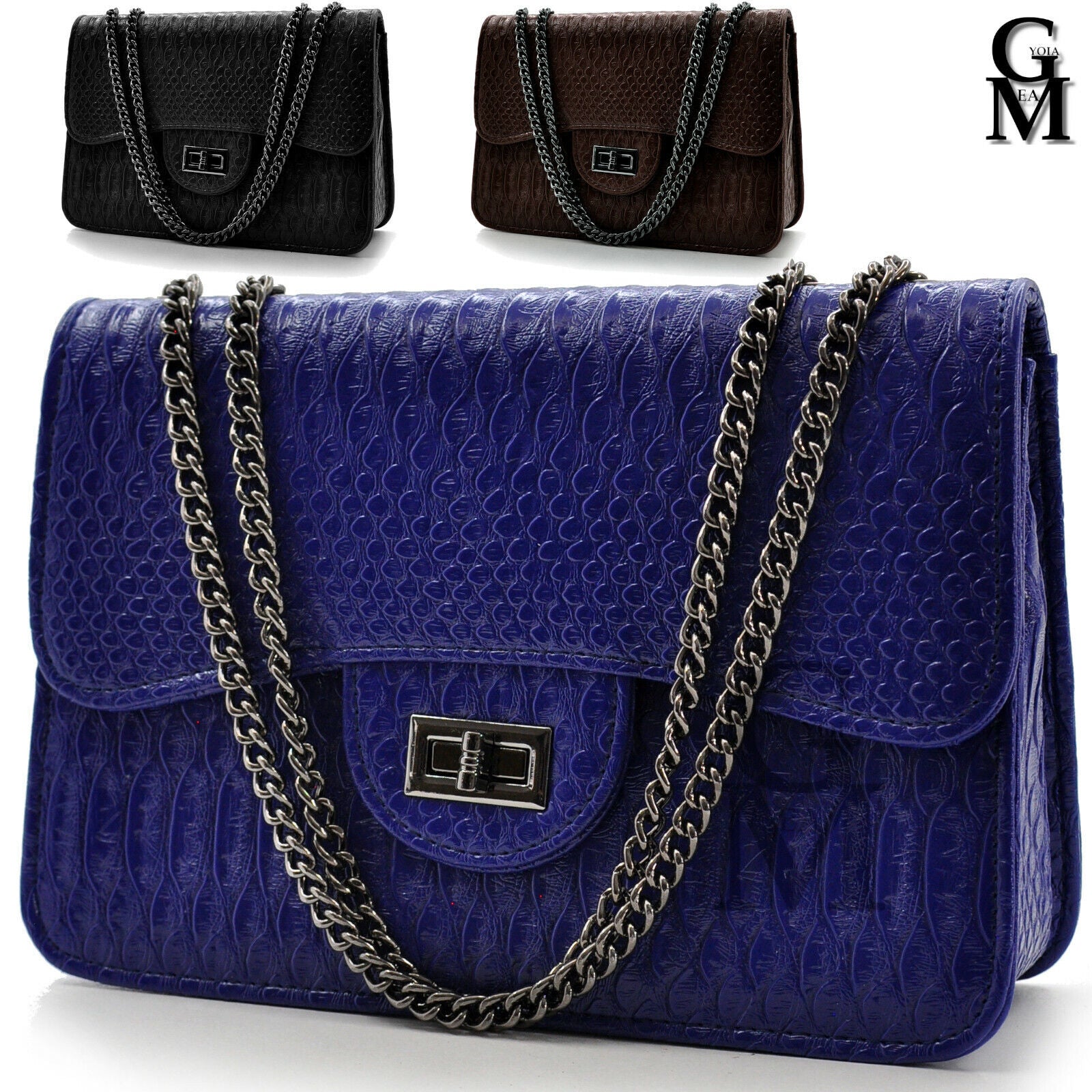 Borsa borsetta pelle  donna tracolla blu catena new