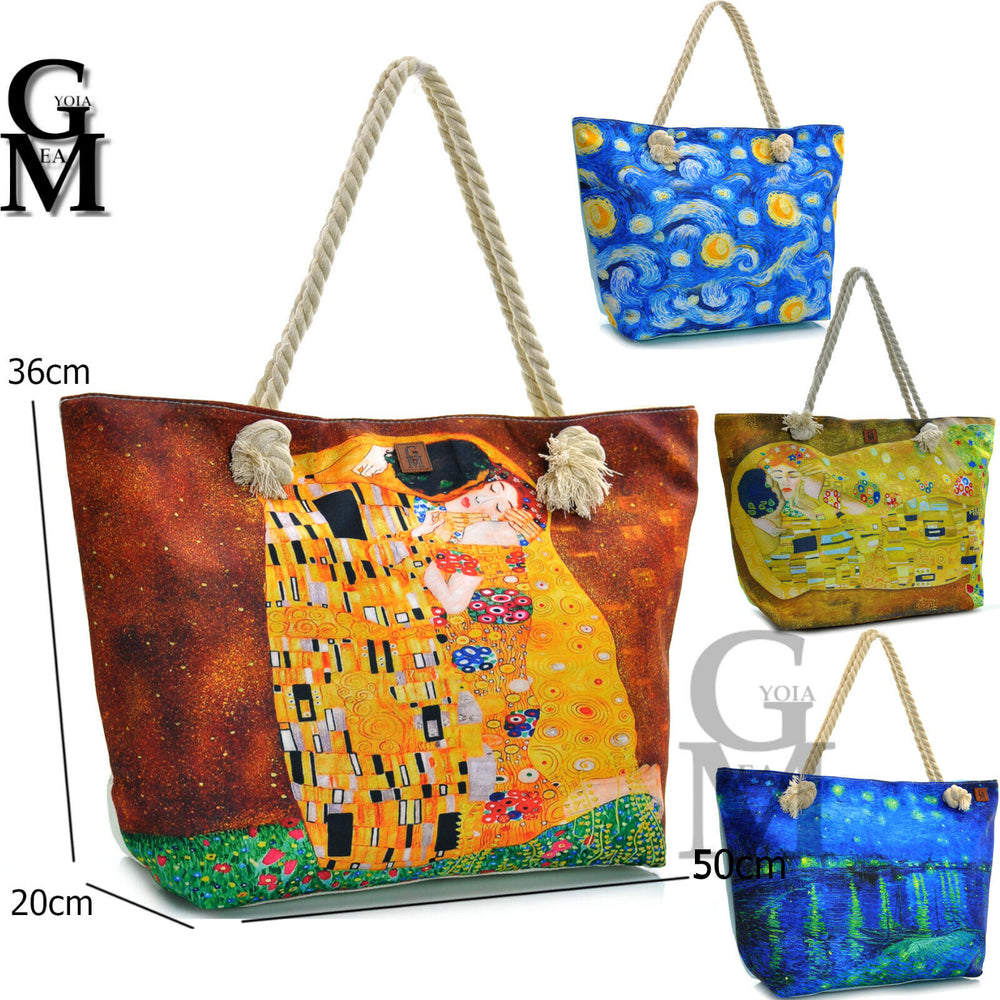 BORSA mare grande dipinto klimt van ghog il bacio colorata DONNA tessuto tela