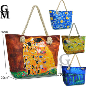 BORSA mare grande dipinto klimt van ghog il bacio colorata DONNA tessuto tela