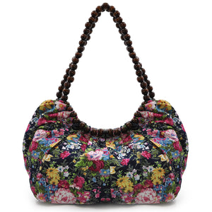 Borsa sacco fantasia fiorata morbida capiente donna manici palline in legno