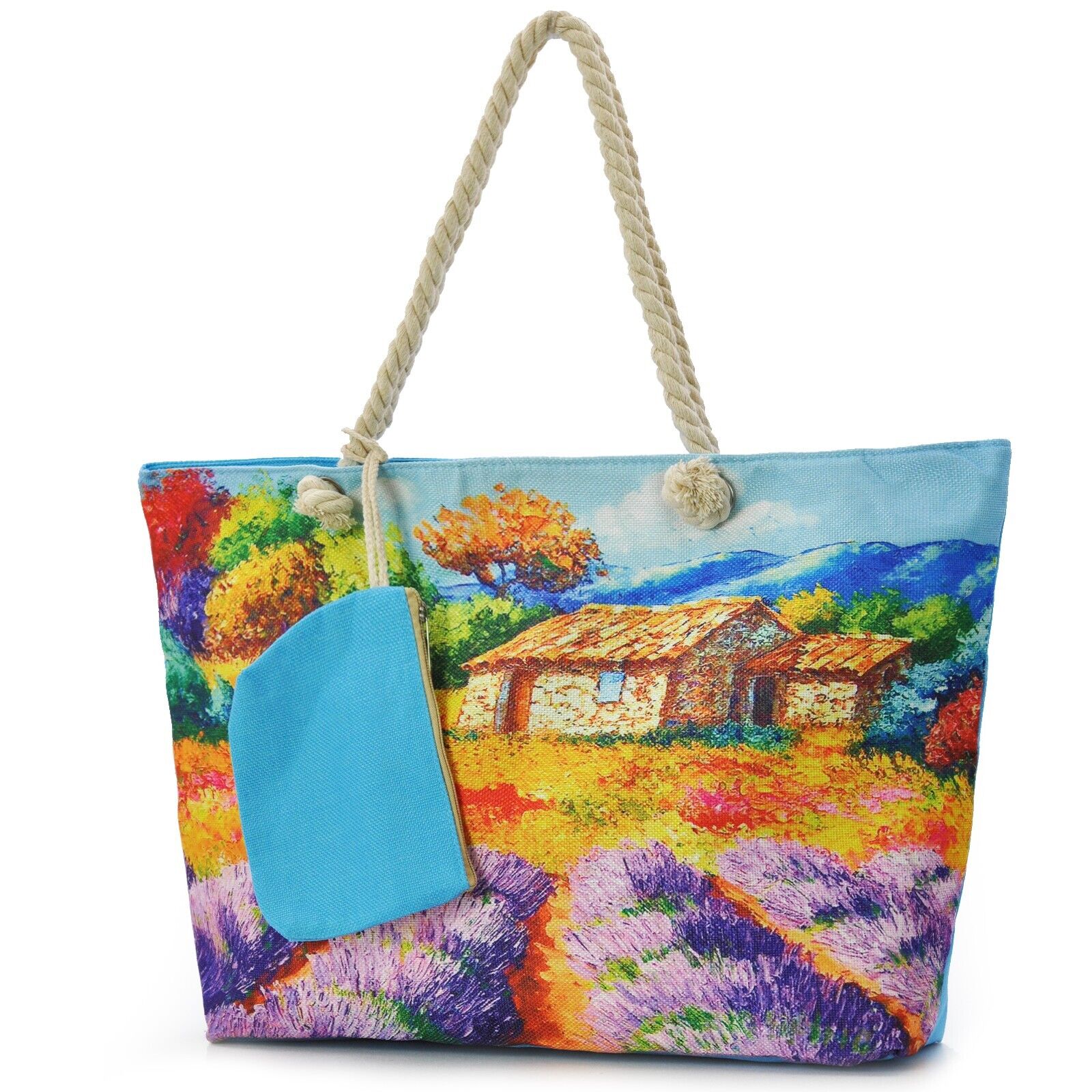 BORSA mare paesaggio spiaggia dipinto capanna fiori iris DONNA tela manici corda