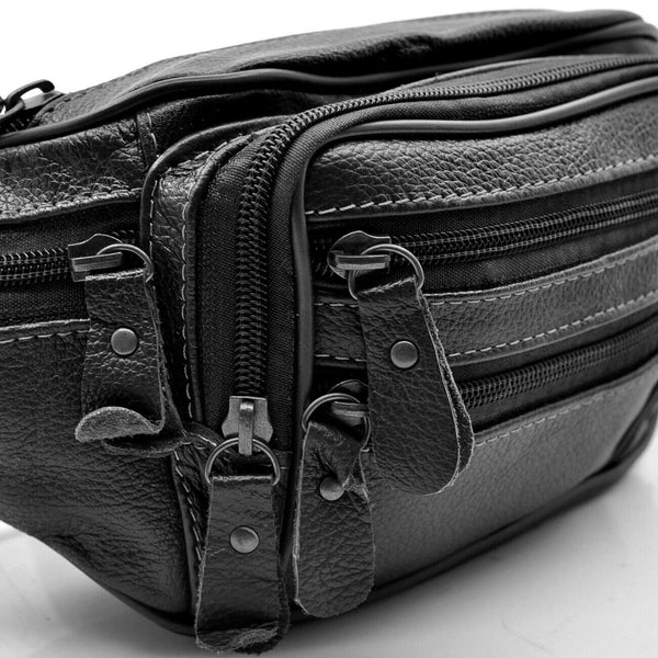 Uomo vera pelle marsupio borsa tracolla vita viaggio MULTI TASCHE nero vintage