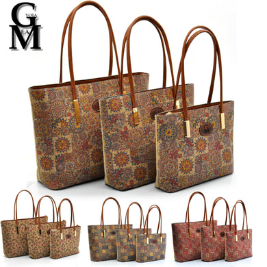 GM set borsa 3 pezzi sughero colorato fiori shopping casual passeggio moda nuovo