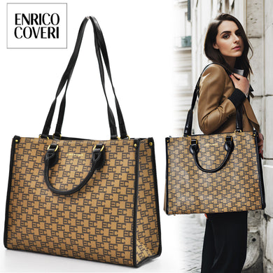 Enrico COVERI borsa shopping logo elegante casual passeggio fantasia marrone new