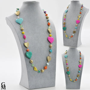 Collana lunga donna colorata multicolore resina piete dure donna cuore etnica