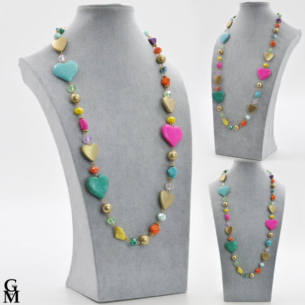 Collana lunga donna colorata multicolore resina piete dure donna cuore etnica