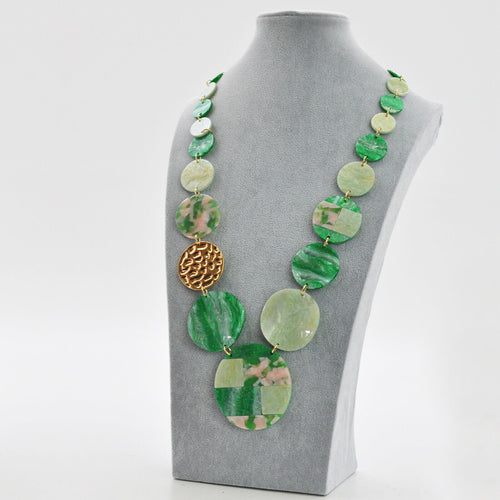 Collana donna resina verde rosa pietre dure moda lunga dischi boemia elegante