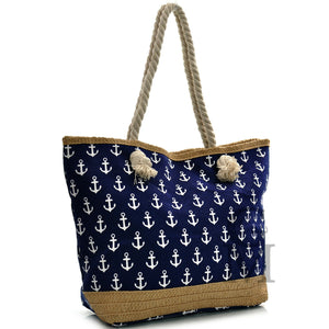 BORSA mare ancore fantasia disegni vimini blu DONNA tessuto manici corda tela