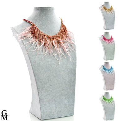 Collana donna girocollo strass cristalli piume rosa bianca donna elegante eventi