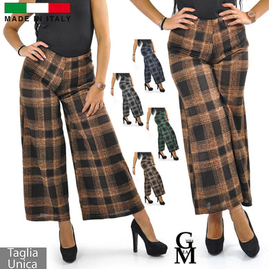 Pantalone largo pantapalazzo donna fantasia scozzese elegante moda italy morbido