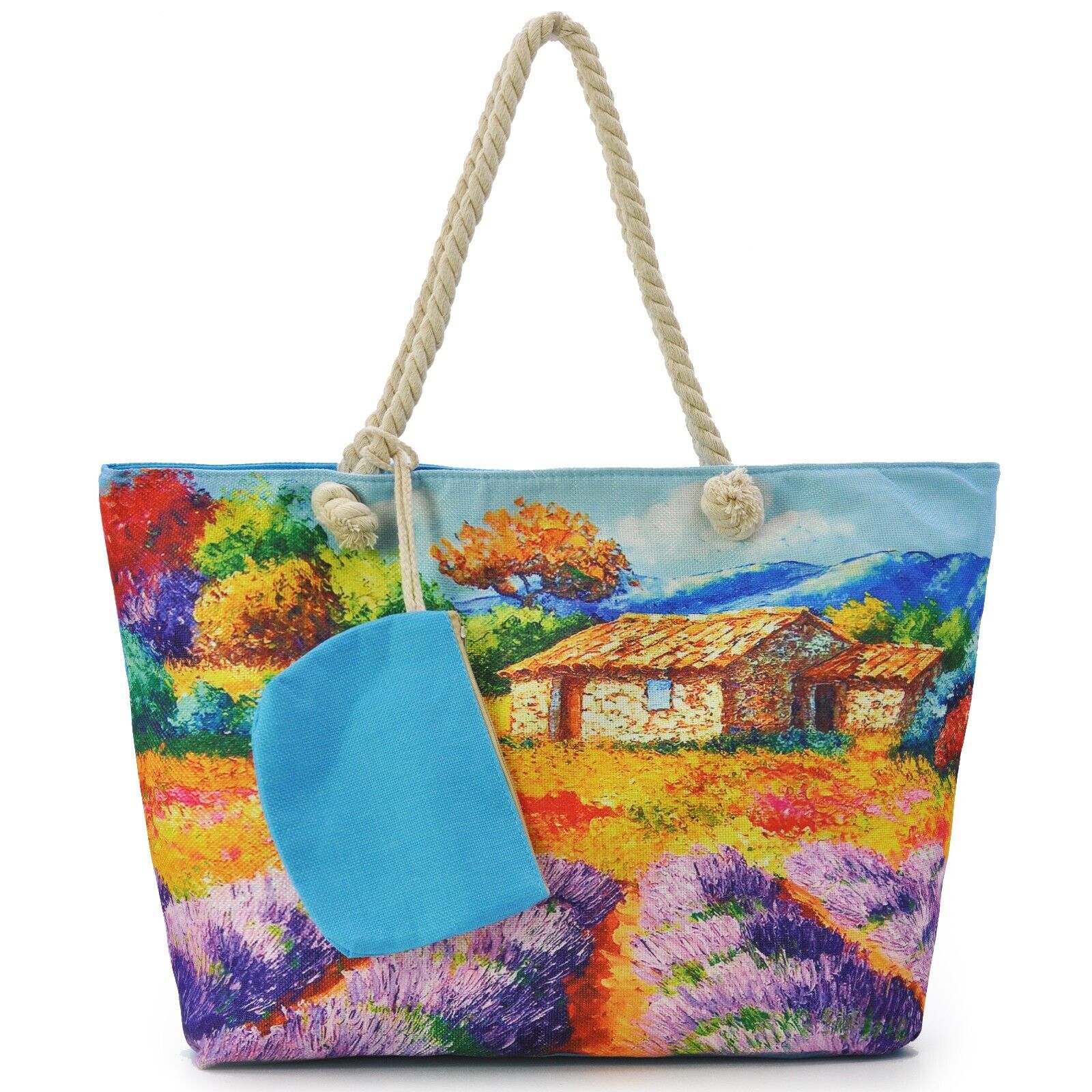 BORSA mare paesaggio spiaggia dipinto capanna fiori iris DONNA tela manici corda