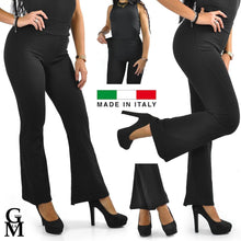 Carica l&#39;immagine nel visualizzatore di Gallery, Pantalone zampa d&#39; elefante nero elasticizzato donna elegante italy 100% cotone