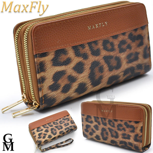 Maxfly Portafoglio 2 zip cerniere firmato donna fantasia leopardata maculata new