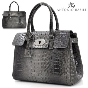 A. BASILE borsa GRANDE BAULETTO GRIGIA elegante rigida pitonata squame squamata