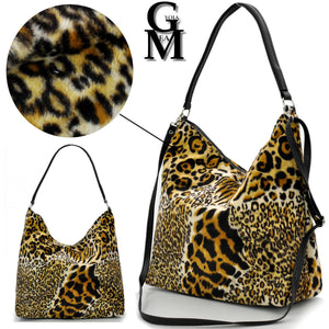 Borsa GRANDE hobo sacco pelo pelliccia moda casual fantasia leopardata maculata