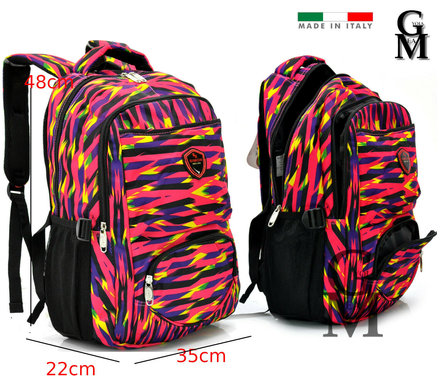 Zaino donna ragazza scuola fantasia rigata multi colore fuxia tasche superiori