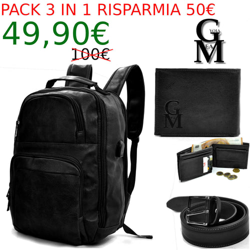 Pack 3in1 ZAINO uomo nero multi tasche + portafoglio + cintura vera pelle italy