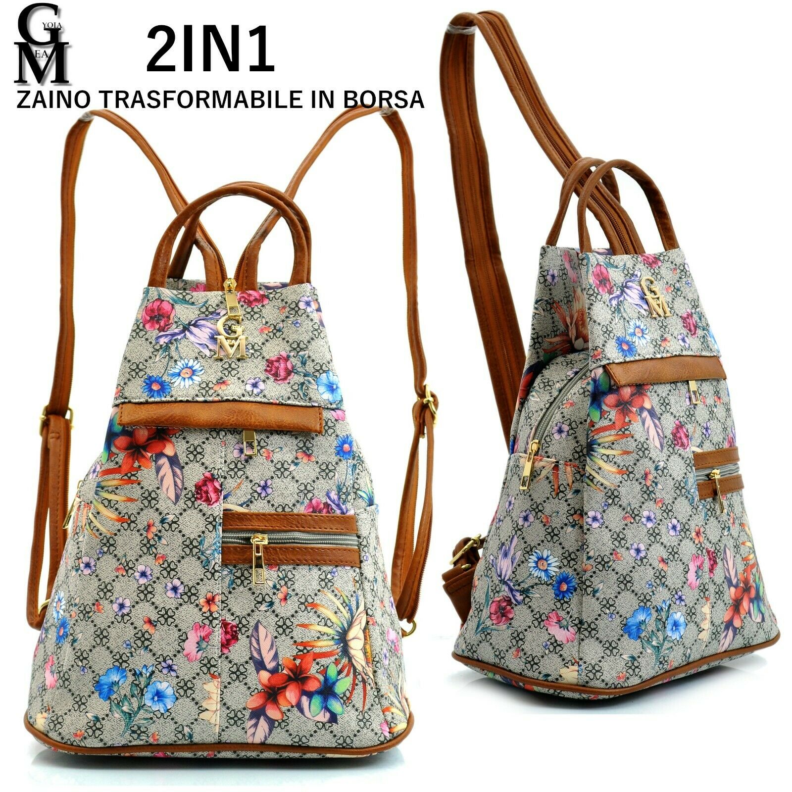 Gyoiamea 2in1 zaino borsa trasformabile donna sacco zainetto fantasia fiori