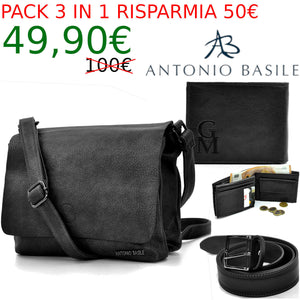 Pack 3in1 Tracolla A.BASILE uomo nero + portafoglio + cintura vera pelle italy