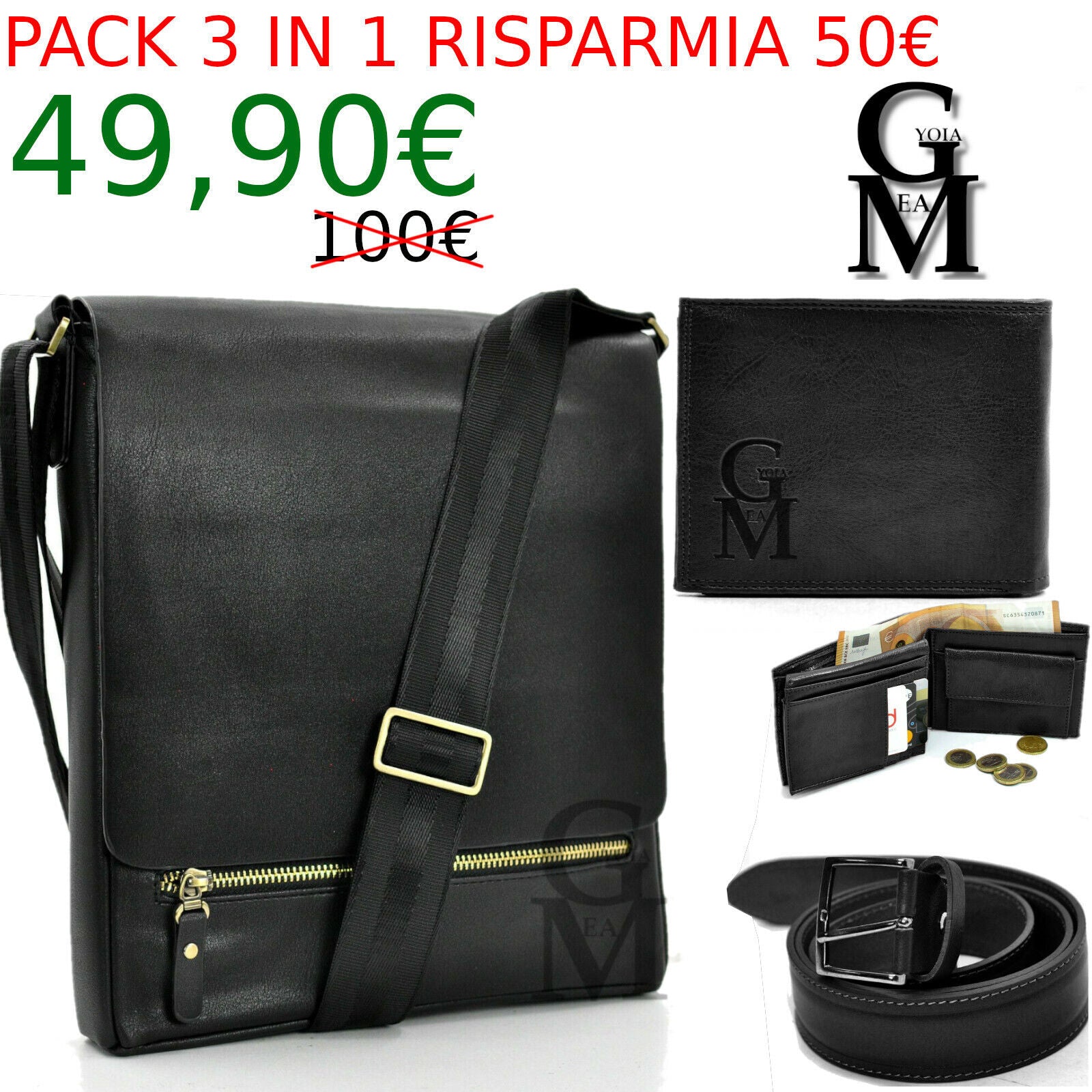 Pack 3in1 Borsello GM MODA uomo nero + portafoglio + cintura vera pelle italy 02