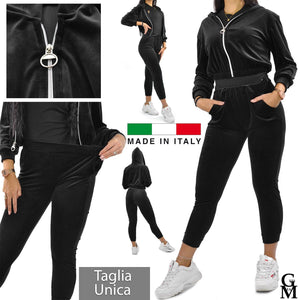 Tuta 2 pezzi donna velluto ciniglia velluto giacca zip cappuccio morbido nera