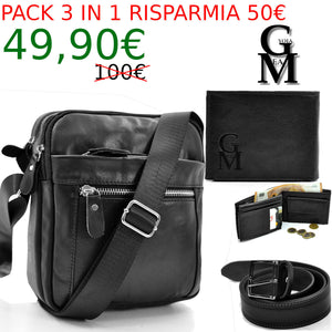 Pack 3in1 Borsello VERA PELLE uomo nero + portafoglio + cintura vera pelle italy